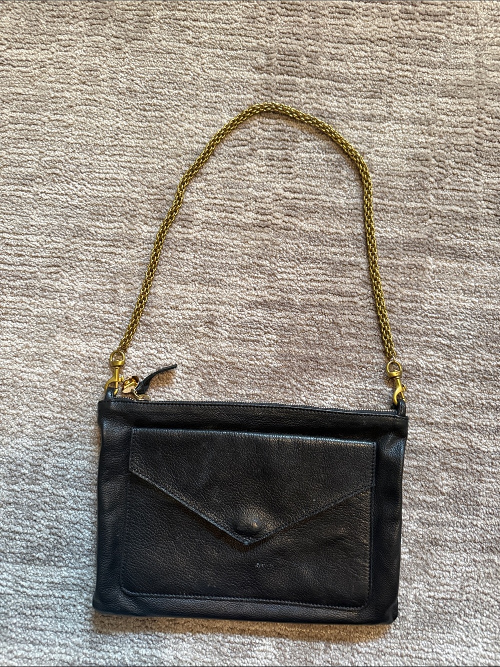 Black Leather Clutch with Gold Chain Strap